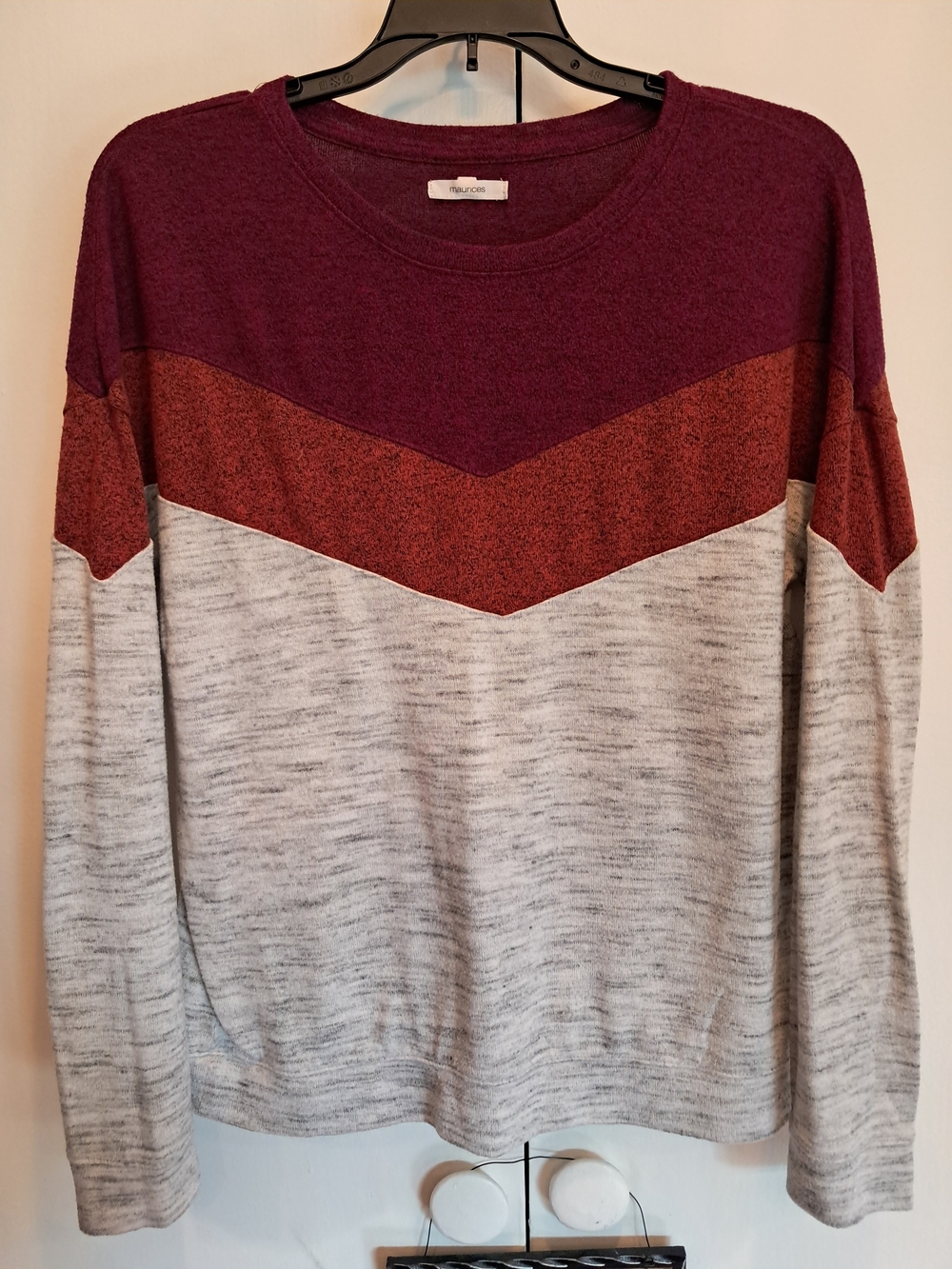 Maurices Colorblock Chevron Crewneck - Plum, Rust & Heather Gray